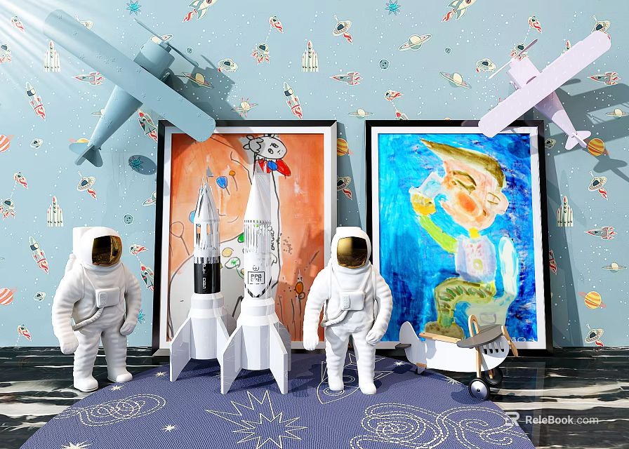 Astronaut Dolls With Rocket Models And Space Themed Wall Stickers In Kids Room 3d model 