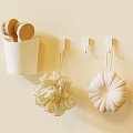 Bathroom Accessories With White Cup Wooden Combs Brushes Hooks And Bath Sponges On Tile Wall