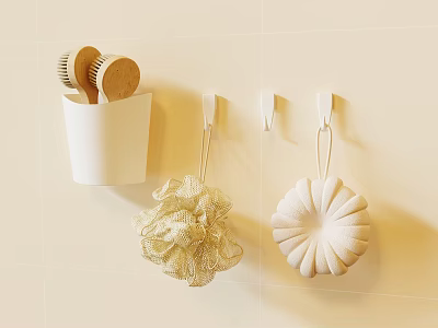 Bathroom Accessories With White Cup Wooden Combs Brushes Hooks And Bath Sponges On Tile Wall 3d model
