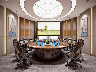 Modern Conference Room With Round Table Black Office Chairs Large Screen And Decorative Paintings 3d model