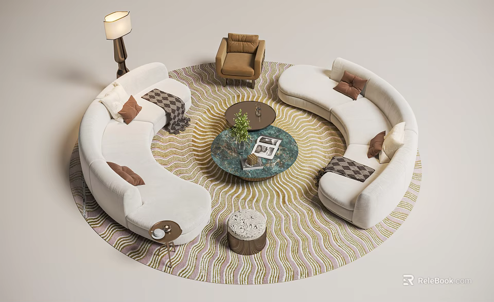 Modern Luxury Curved Fabric Sofa And Round Coffee Table Set For Stylish Living Room Decor 3d model 