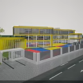 Yellow White School Building Featuring Circular Design Green Roof Colorful Playground And Children Playing Area