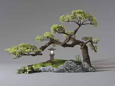 Traditional Garden Landscape with Bonsai Pine Tree Stone Lantern Grass and Rocks 3d model