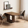 Modern Wooden Table And Chair Set With Armrests Wall Shelf Framed Pictures Curtains