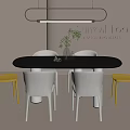 Modern Black Oval Dining Table Set With White Yellow Chairs And Pendant Light 3d model
