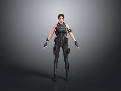 3D Female Character In Black Tactical Gear Standing Pose With Detailed Equipment 3d model