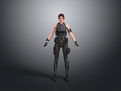 3D Female Character In Black Tactical Gear Standing Pose With Detailed Equipment 3d model