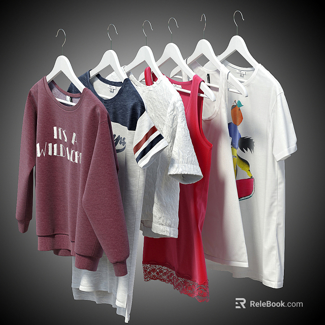 Clothes Hanging on Hangers Featuring Sweatshirt T-shirt Tank Top with Colorful Text and Graphic Prints 3d model 