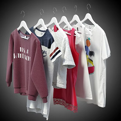 Clothes Hanging on Hangers Featuring Sweatshirt T-shirt Tank Top with Colorful Text and Graphic Prints 3d model