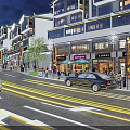 Vibrant Commercial Street at Dusk with Illuminated Modern Buildings Shops Pedestrians and Moving Cars