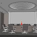 Conference Room Featuring Circular Striped Ceiling Projection Screen Round Table Black Chairs and Red Flag 3d model