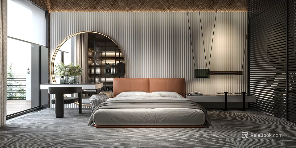 Elegant Modern Bedroom Interior With Brown Headboard Gray Bedding Round Mirror And Pendant Lights 3d model 