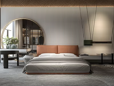 Elegant Modern Bedroom Interior With Brown Headboard Gray Bedding Round Mirror And Pendant Lights 3d model
