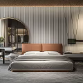 Elegant Modern Bedroom Interior With Brown Headboard Gray Bedding Round Mirror And Pendant Lights