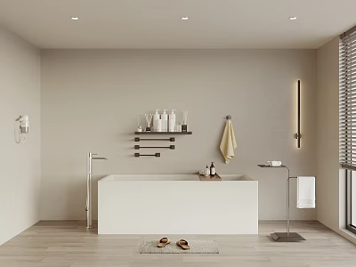 Minimalist White Bathtub In Beige Bathroom With Wooden Floor And Bath Products On Shelf 3d model