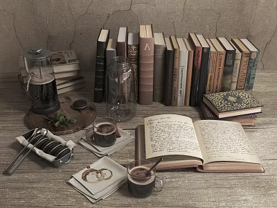Decorative Ornament Combination With Vintage Books Open Book Coffee Cups Pot And Coffee Pot On Wooden Table 3d model