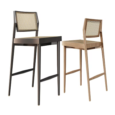 Modern Wooden Bar Stools With Woven Back And Tall Legs In Dark And Light Tones 3d model