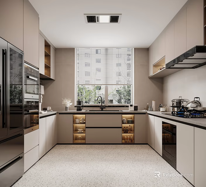 Modern Kitchen Interior Design With Cabinets Countertop Sink Window With Blinds And Appliances 3d model 