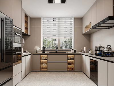 Modern Kitchen Interior Design With Cabinets Countertop Sink Window With Blinds And Appliances 3d model