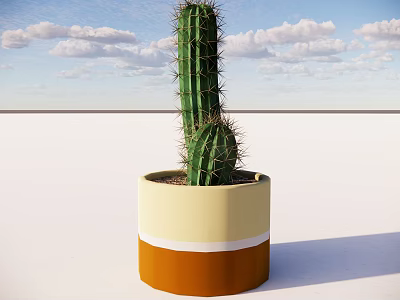 Potted Cactus Plant in Yellow and Orange Pot Against Blue Sky with Clouds 3d model