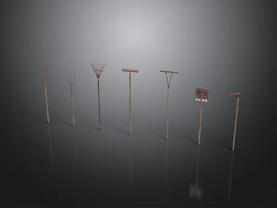 Metal Pole Equipment With Various Top Structures Arranged On Dark Background 3d model