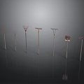 Metal Pole Equipment With Various Top Structures Arranged On Dark Background