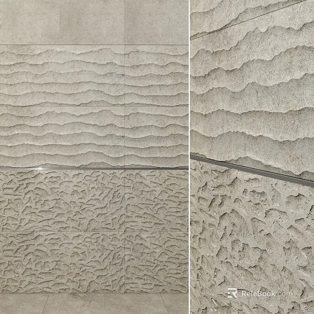 Modern Wavy Textured Wall Design With Light Gray Beige Finish And Contrasting Textured Sections 3d model 
