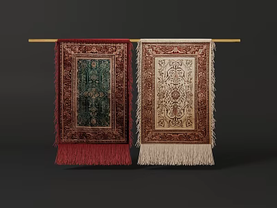 Decorative Wall Hanging Tapestries With Red And Beige Fringed Edges And Intricate Patterns 3d model