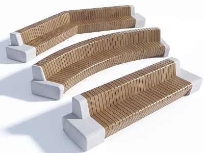 Curved Wooden Landscape Seats With Concrete Base For Outdoor Garden Use 3d model