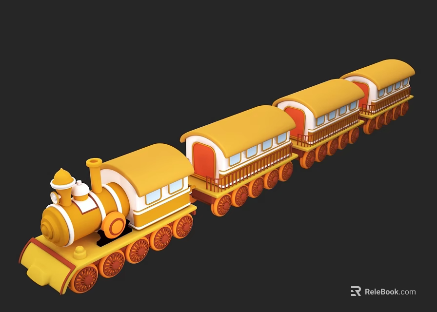 Yellow Toy Train With Carriages Orange Wheels Red Doors And Windows 3d model