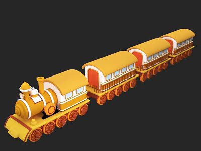 Yellow Toy Train With Carriages Orange Wheels Red Doors And Windows 3d model