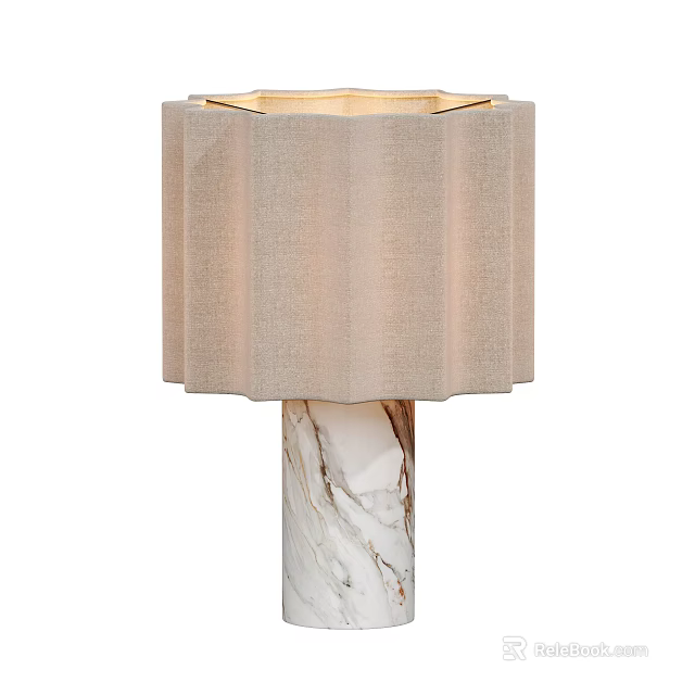Beige Linen Pleated Shade Table Lamp With White Marble Column Base 3d model 