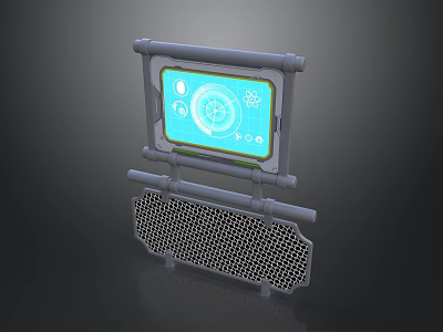 Guidance Visual Display Device With Blue Interface Circular Gear Icons And Gray Grid Structure 3d model