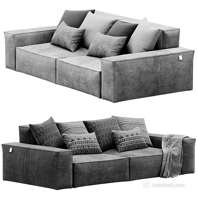 Modern Gray Fabric Two Seater Sofa With Decorative Pillows And Throw Blanket 3d model