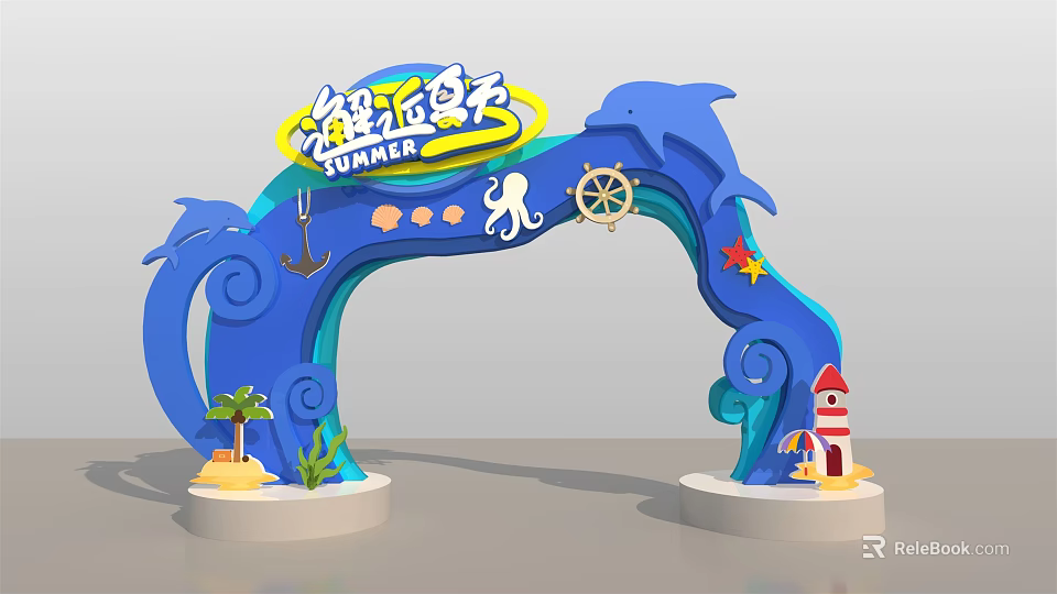 Marine Themed Event Gateway Featuring Blue Dolphins Anchor Octopus Lighthouse And Palm Tree Elements 3d model