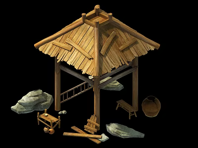 Traditional Rustic Wooden Pavilion With Thatched Roof Stones And Wooden Stool 3d model