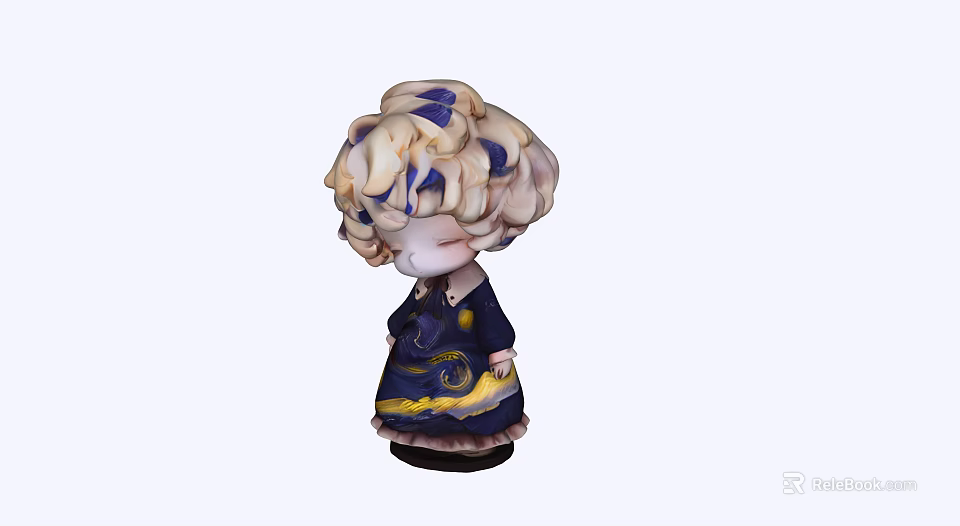 Cute Art Installation Doll With Curly Cream Purple Hair Dark Blue Dress Yellow Patterns 3d model 