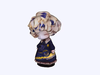 Cute Art Installation Doll With Curly Cream Purple Hair Dark Blue Dress Yellow Patterns 3d model