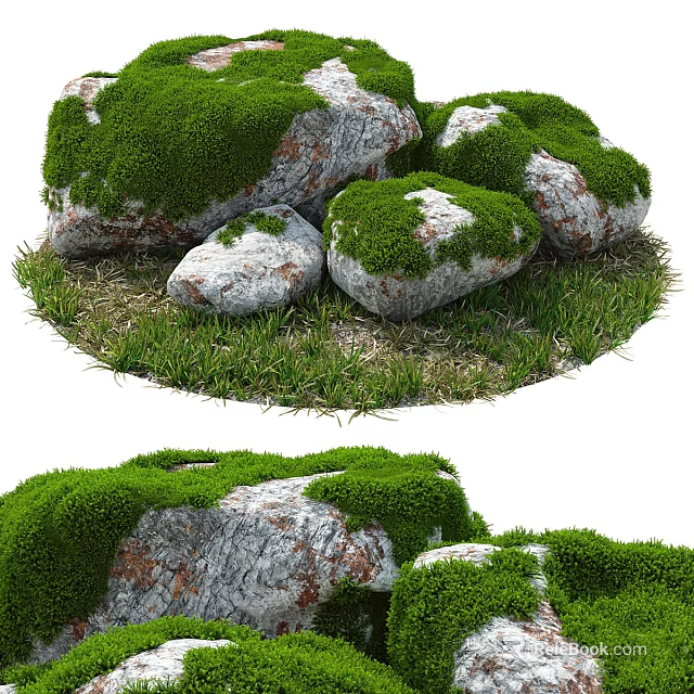 Moss Covered Stones And Wooden Details In Natural Outdoor Garden With Lush Green Grass 3d model 
