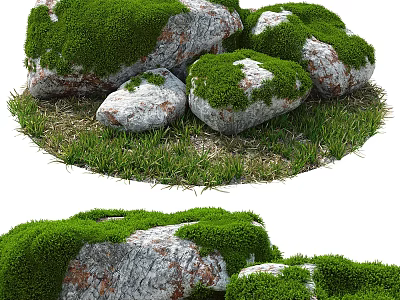 Moss Covered Stones And Wooden Details In Natural Outdoor Garden With Lush Green Grass 3d model