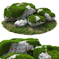 Moss Covered Stones And Wooden Details In Natural Outdoor Garden With Lush Green Grass