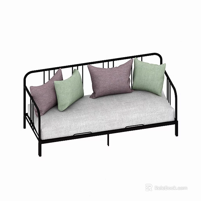 Modern Black Metal Frame Sofa With Gray Cushion And Colorful Purple Light Green Pillows 3d model 