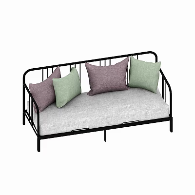 Modern Black Metal Frame Sofa With Gray Cushion And Colorful Purple Light Green Pillows 3d model