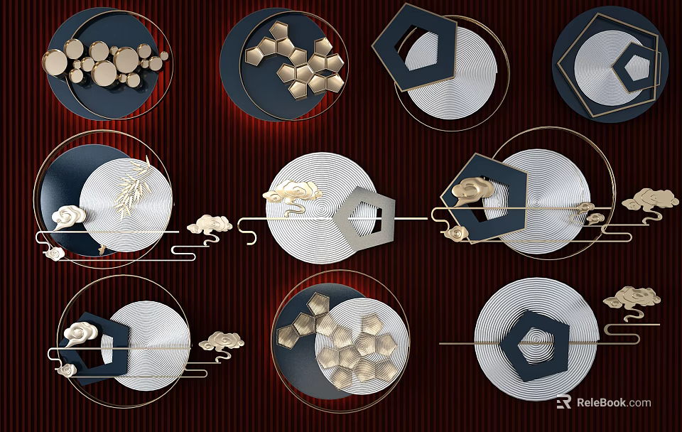 Modern Elegant Wall Decor with Circular Hexagonal Geometric Patterns Gold Lines White And Blue 3d model