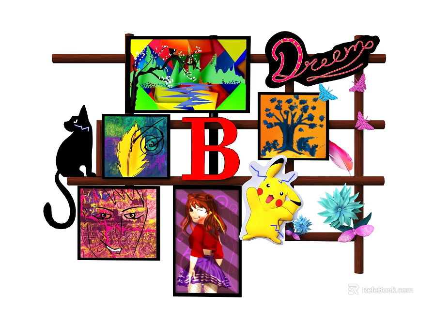 Colorful Wall Decor with Art Paintings Letter B Cartoon Figure and Cat Ornament 3d model 