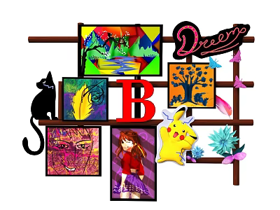 Colorful Wall Decor with Art Paintings Letter B Cartoon Figure and Cat Ornament 3d model