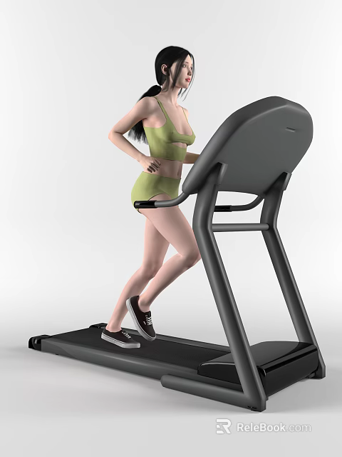 Woman in Green Sportswear Running on Treadmill with Black Sneakers During Workout 3d model 