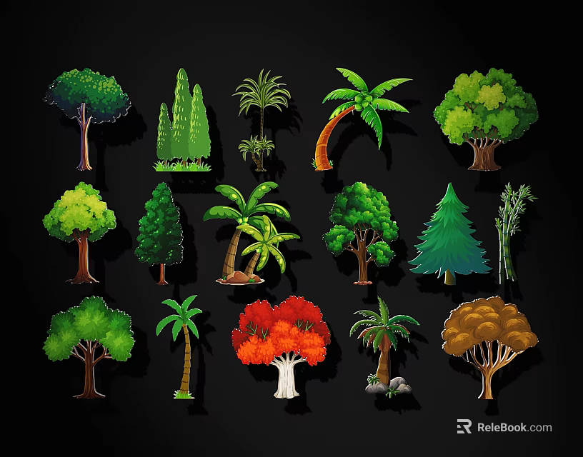 Various Tree Illustrations Collection With Colorful Shapes And Types 3d model