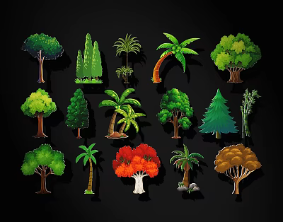 Various Tree Illustrations Collection With Colorful Shapes And Types 3d model