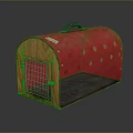 Red Pet Carrier With Wooden Frame Black Handle Circular Holes And Metal Grid Door